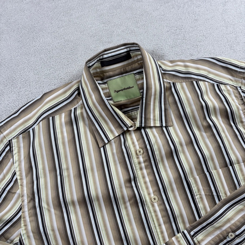 Tommy Bahama Mens XL Long Sleeve Button Down Shirt Brown Tan Striped Cotton